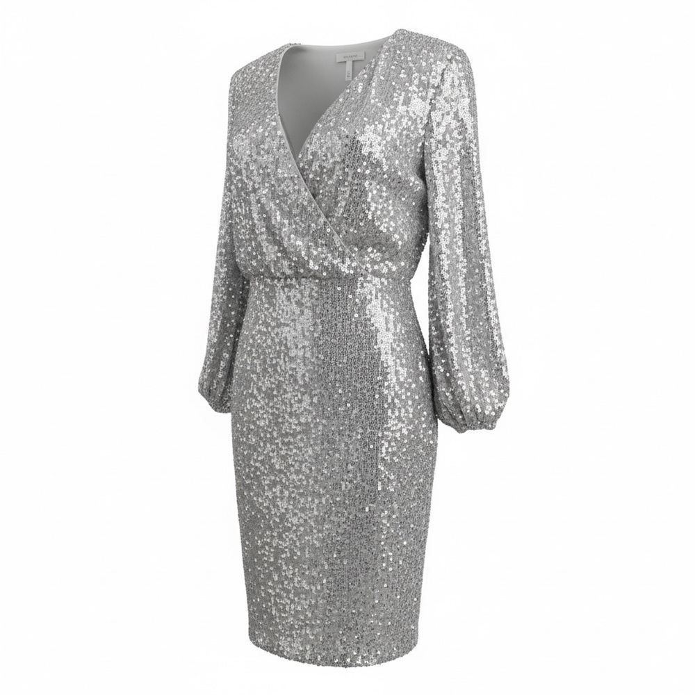 Eliza J Silver Sequin Cocktail Dress Long Sleeve V-Neck Size 4 - Picture 2 of 11